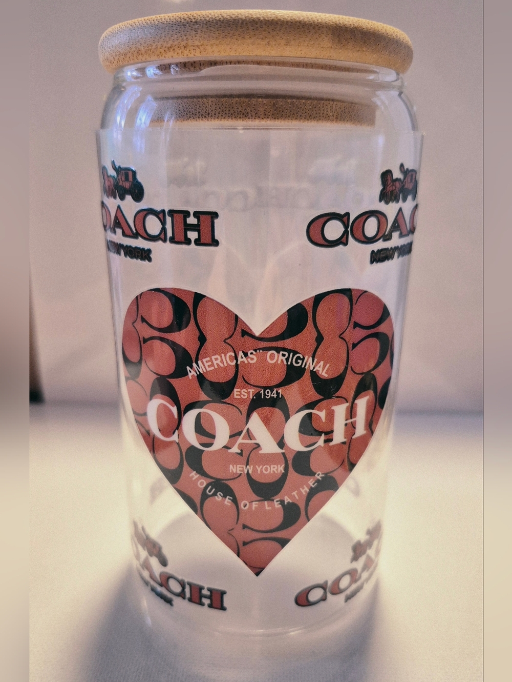 🪻3/$25 Coach Brown Black Themed Design 16oz Glass Tumbler Lid Straw